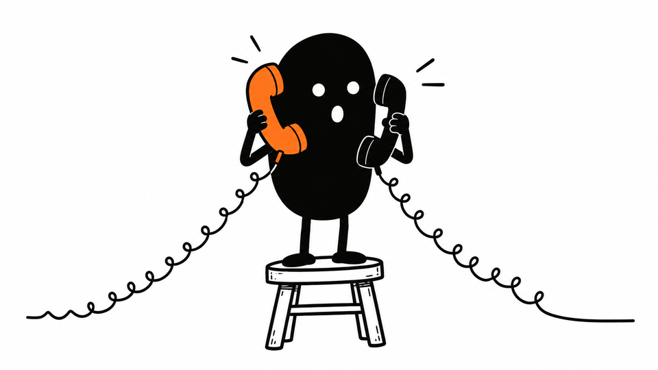 Lev talks into two old telephone handsets at once, one held to each side, one of them orange.