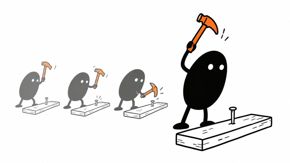 Lev raises an orange hammer over a nail, with faded earlier taps behind him, the nail deeper each time.