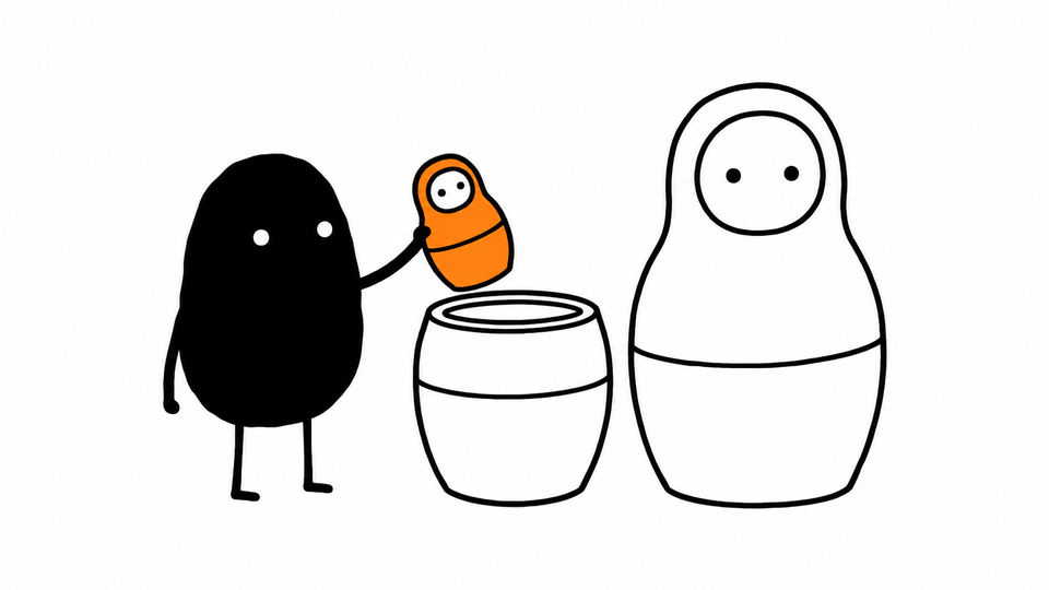 Lev fits the smallest of three nesting dolls, in orange, into the next one up.