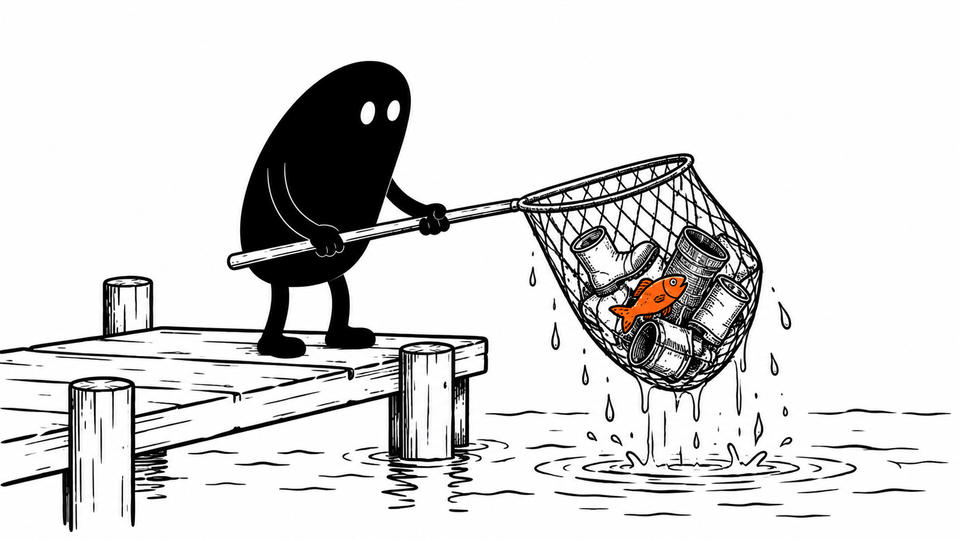 Lev lifts a fishing net from the water holding old boots, tins and one orange fish.