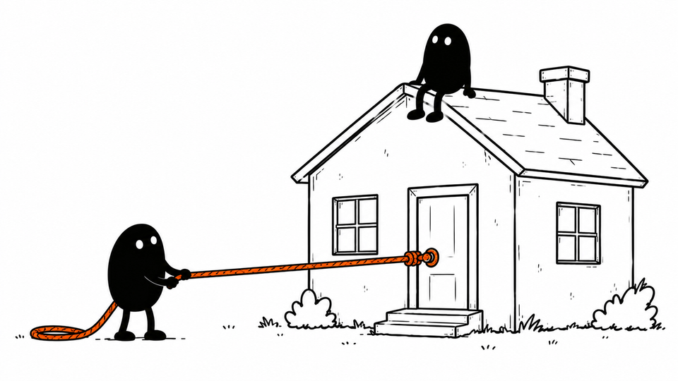 One Lev sits on a house roof while another holds an orange rope tied to its front door.