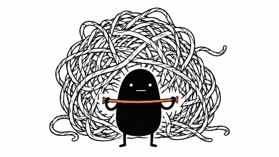 Lev holds out one short, neat orange length of yarn in front of a huge tangled ball of it.
