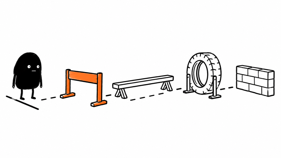 Lev stands at the start of an obstacle course: a hurdle in orange, a beam, a tyre and a wall.