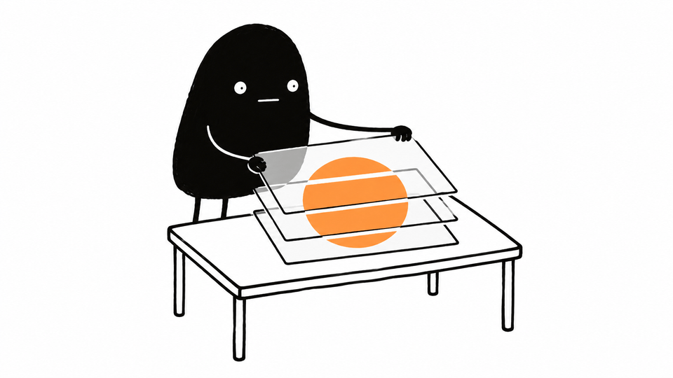 Lev lays three transparent sheets on a light table so their outlines line up into one orange shape.