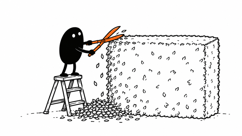 Lev clips a garden hedge into a precise shape with orange shears.