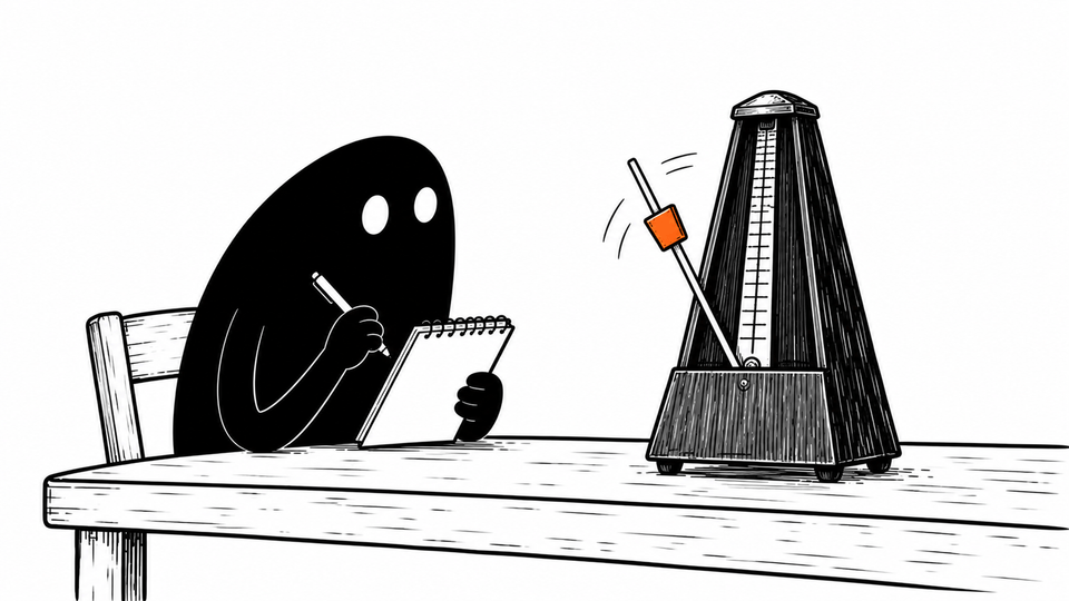 Lev watches a metronome mid-swing, its weight in orange, notebook in hand.