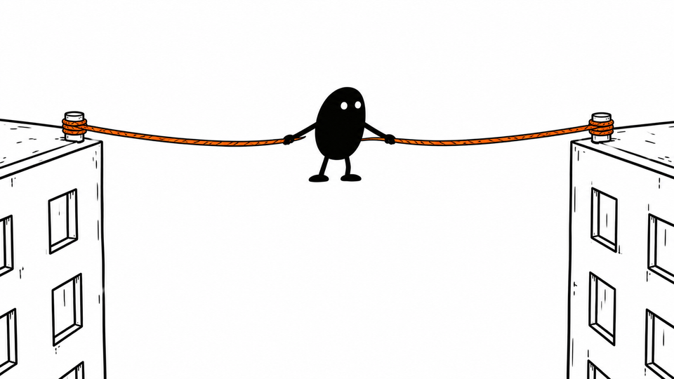 Lev stands between two buildings holding taut an orange rope that connects them.