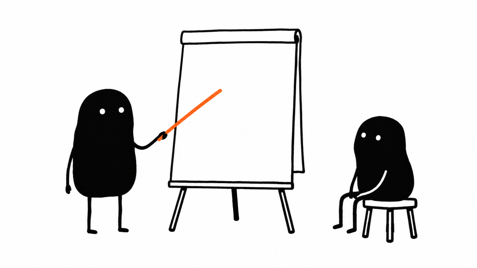 Lev points at a blank flip chart with an orange pointer while a second Lev listens.