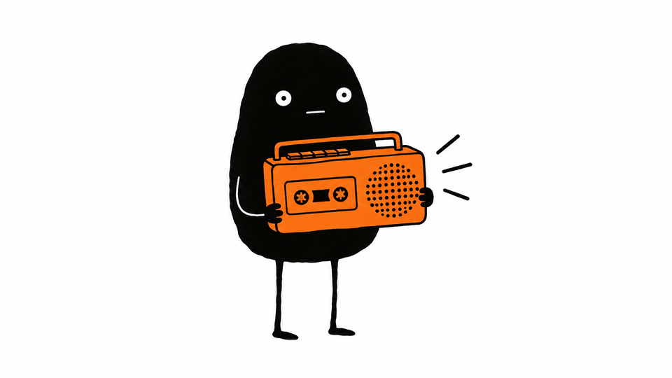Lev stands silent while an orange cassette recorder he is holding plays his answer for him.