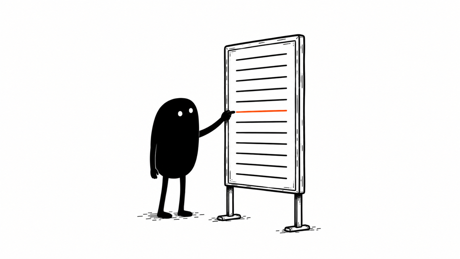 Lev stands in a lobby reading a tall directory board of blank rows, one thin arm resting on the single row drawn in orange.