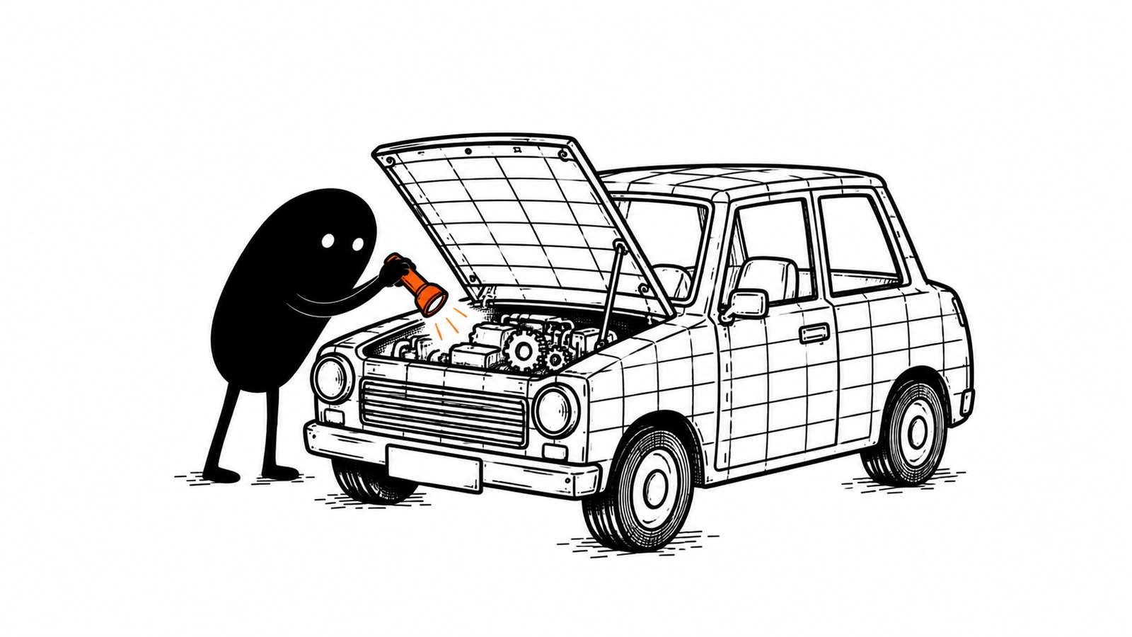 Lev lifts the bonnet of a boxy car whose body is drawn as a spreadsheet grid and peers inside with an orange torch.