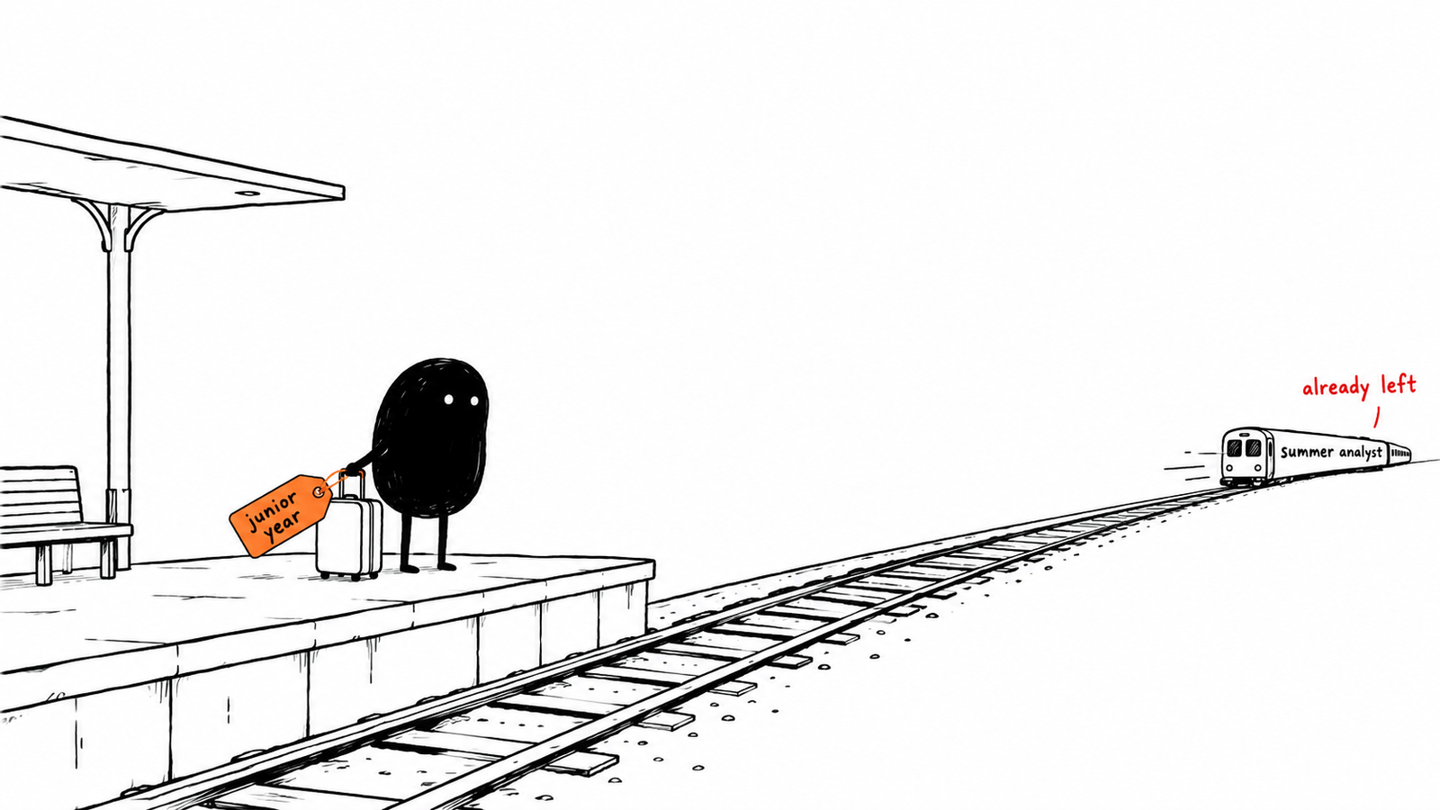 Lev stands at the edge of a station platform holding a suitcase tagged junior year, while the train marked summer analyst is already a small shape far down the track.