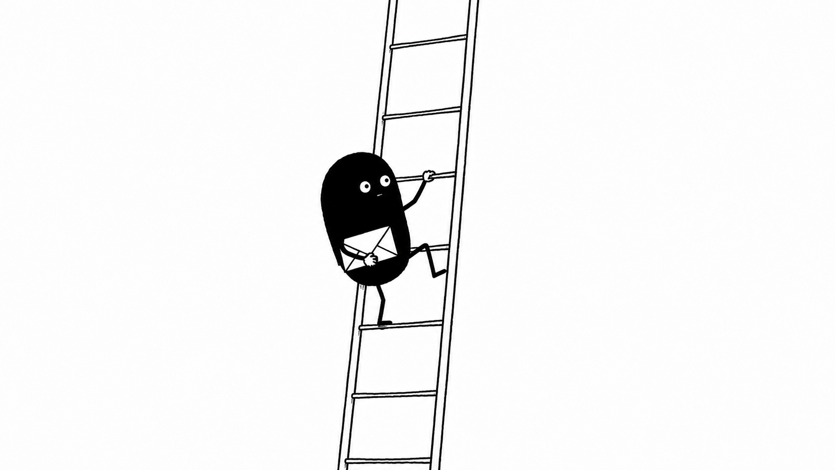 Lev, a small deadpan hand-drawn creature, climbing a tall ladder with an envelope under one arm