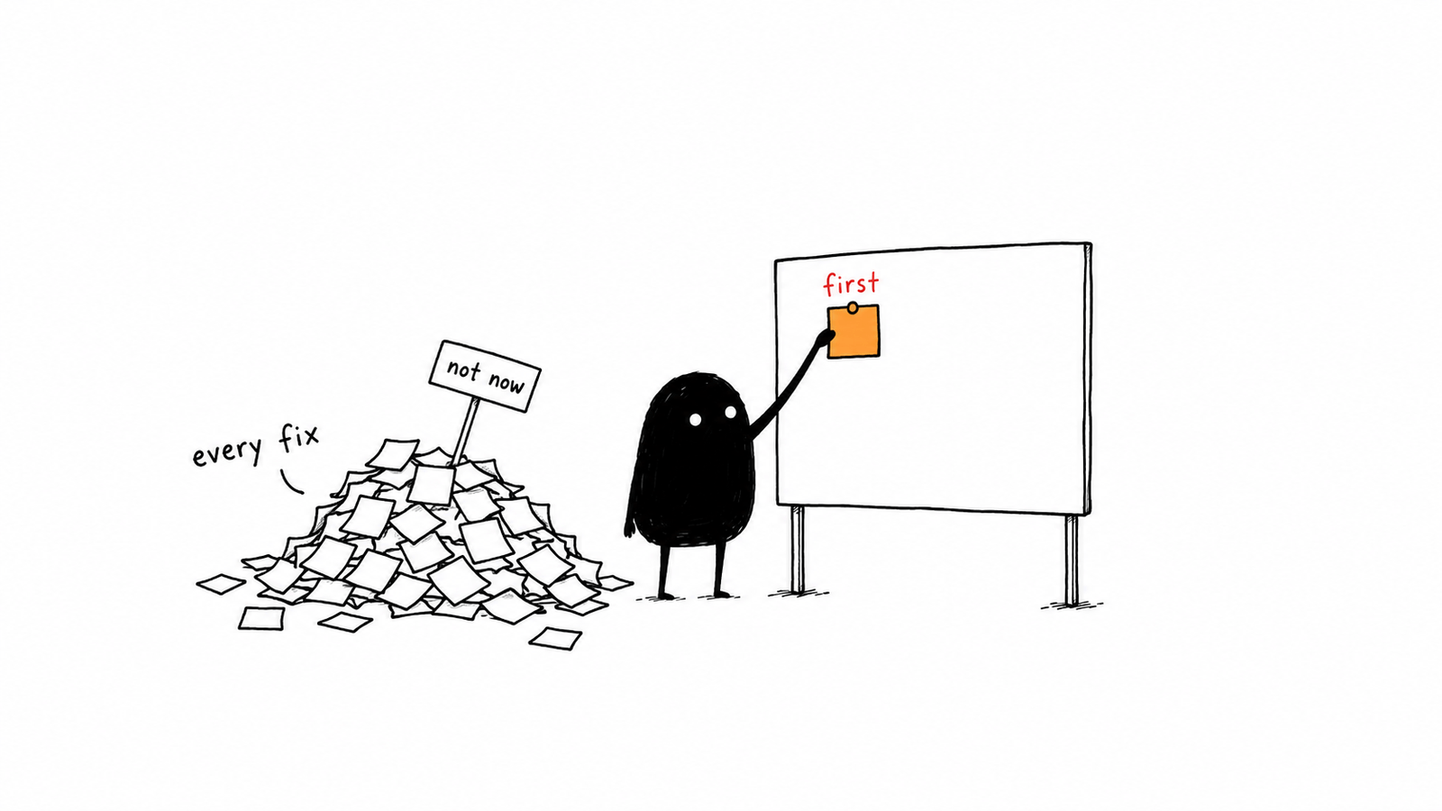 Lev stands beside a heap of sticky notes marked every fix, having pinned a single note to an otherwise empty board under the word first. A small sign on the heap reads not now.