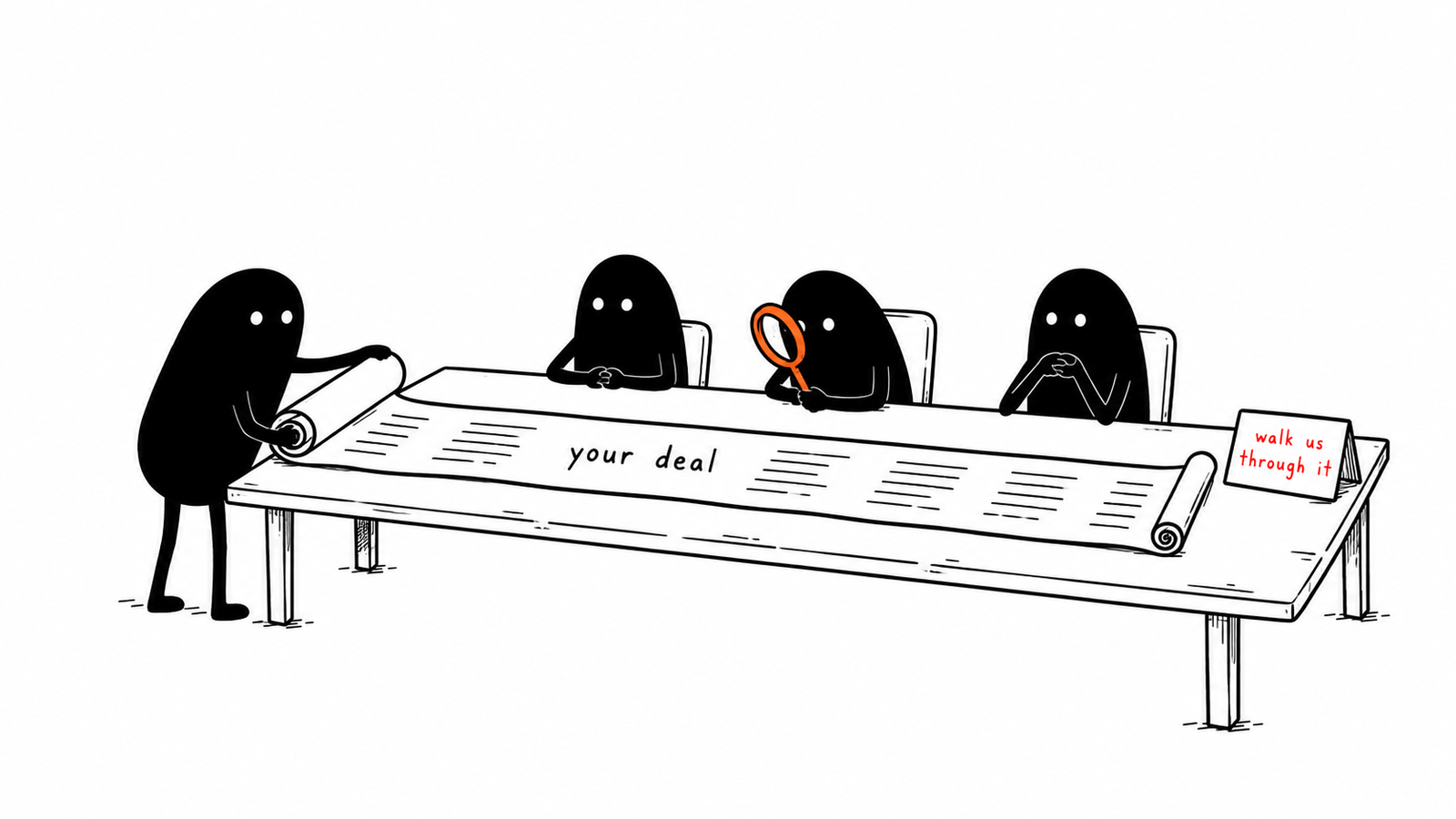 Lev unrolls one long scroll marked your deal across a table in front of three seated Levs, one of whom leans in with a magnifying glass. A note on the table reads walk us through it.