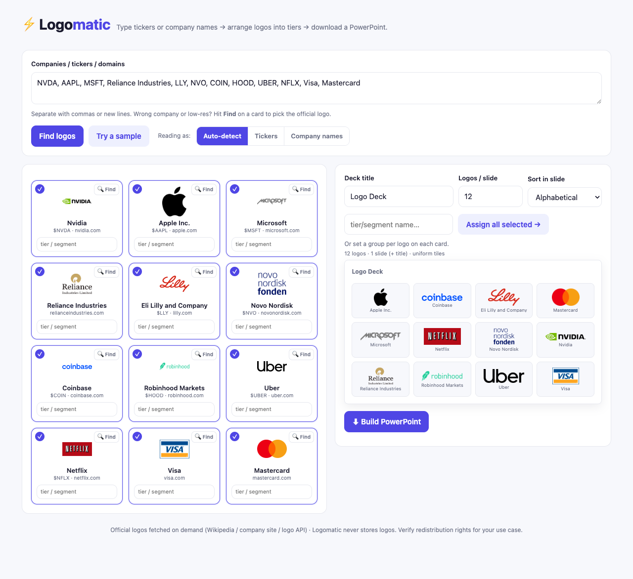 Logomatic, with twelve company logos found and arranged on a slide.