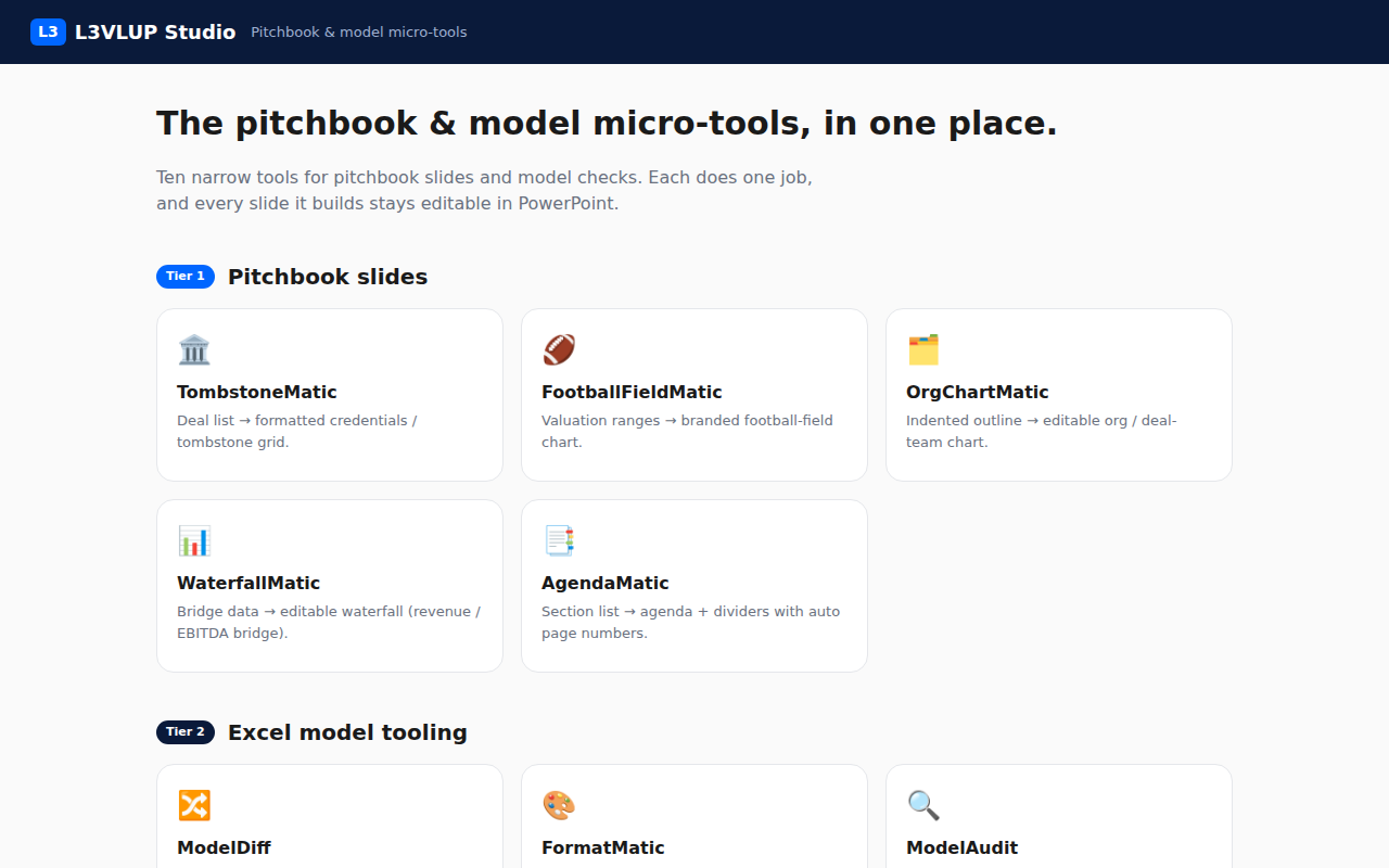The Studio, showing its pitchbook, Excel and AI tools as cards.